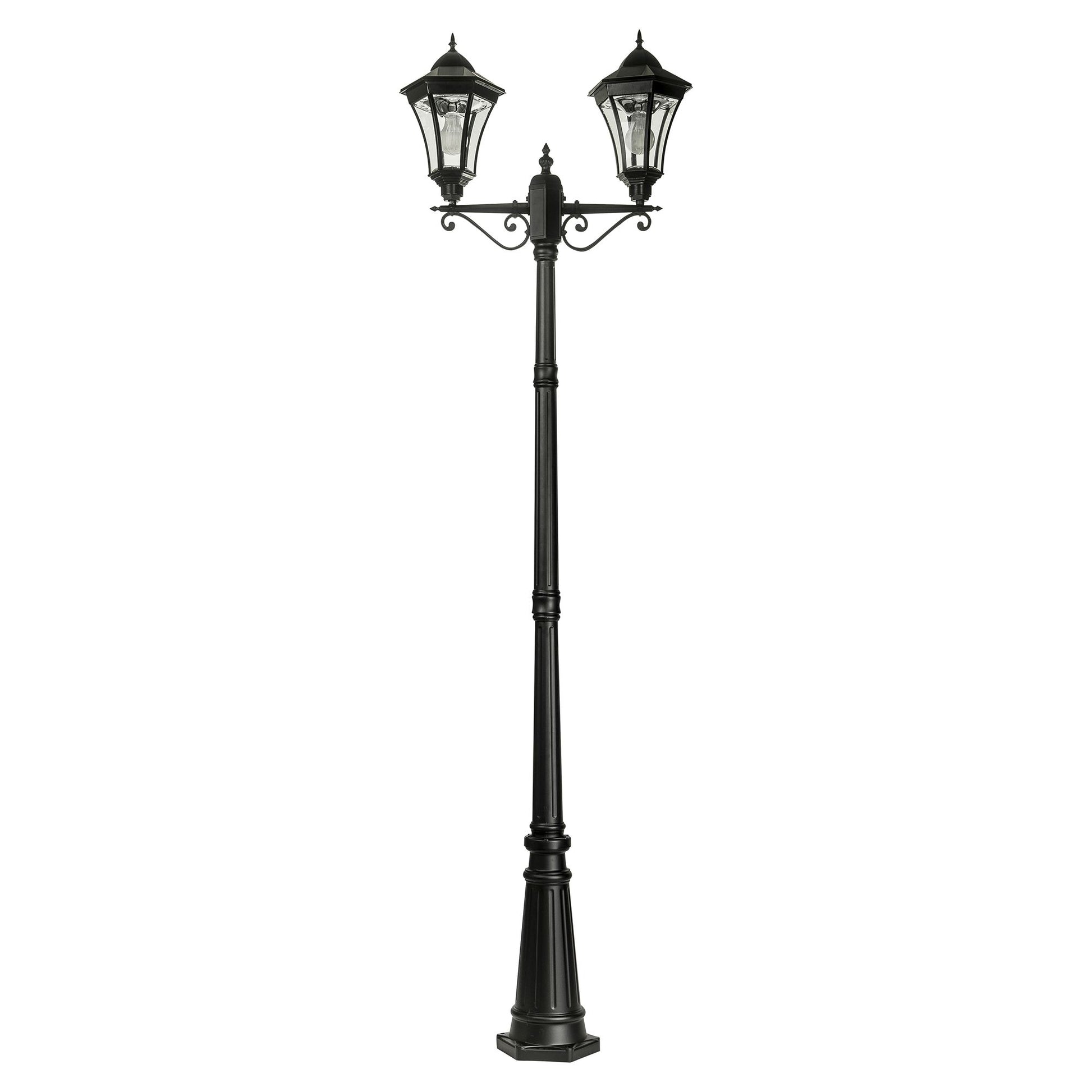 A traditional dual head solar post light made of die cast aluminium powder coated black,with a built-in solar panel and a glass lampshade, designed for outdoor installation