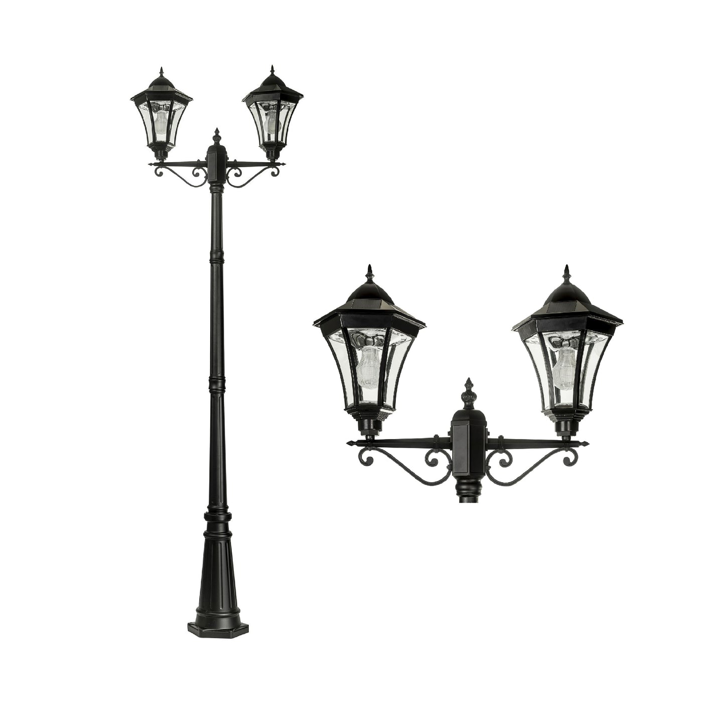 A traditional dual head solar post light made of die cast aluminium powder coated black,with a built-in solar panel and a glass lampshade, designed for outdoor installation