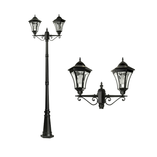 A traditional dual head solar post light made of die cast aluminium powder coated black,with a built-in solar panel and a glass lampshade, designed for outdoor installation