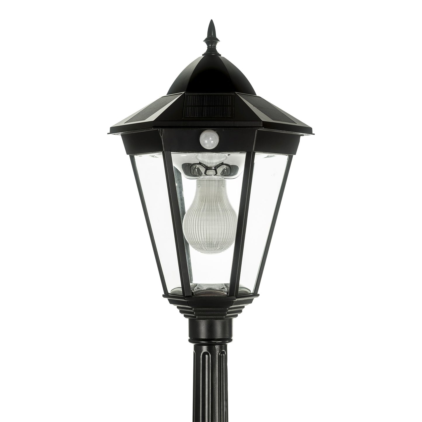 A traditional solar post light made of die cast aluminium powder coated black,with a built-in solar panel and a glass lampshade, designed for outdoor installation