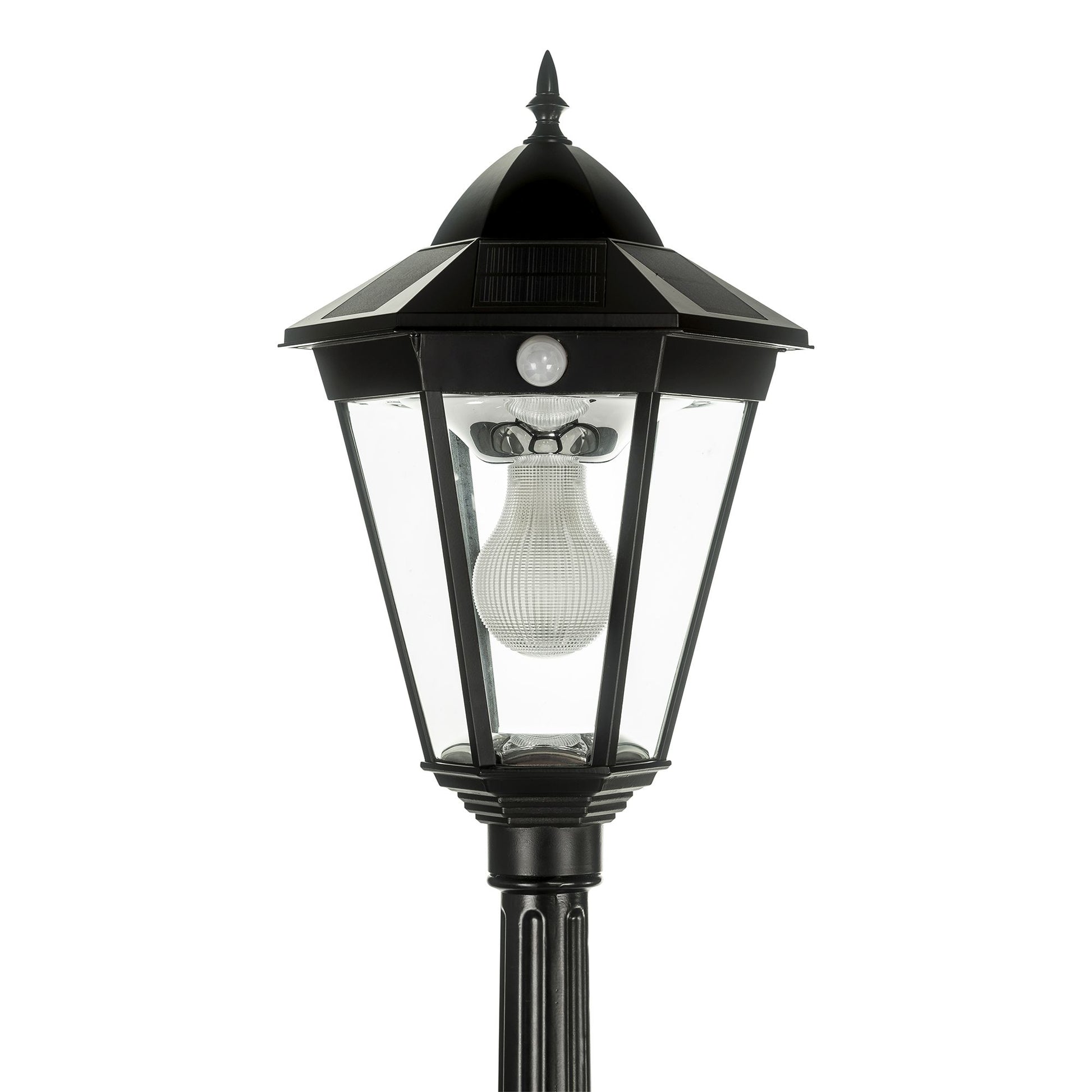 A traditional solar post light made of die cast aluminium powder coated black,with a built-in solar panel and a glass lampshade, designed for outdoor installation