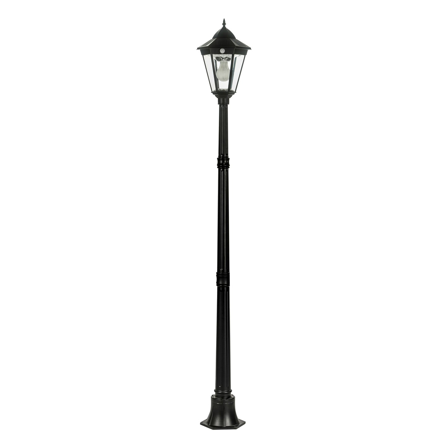 A traditional solar post light made of die cast aluminium powder coated black,with a built-in solar panel and a glass lampshade, designed for outdoor installation