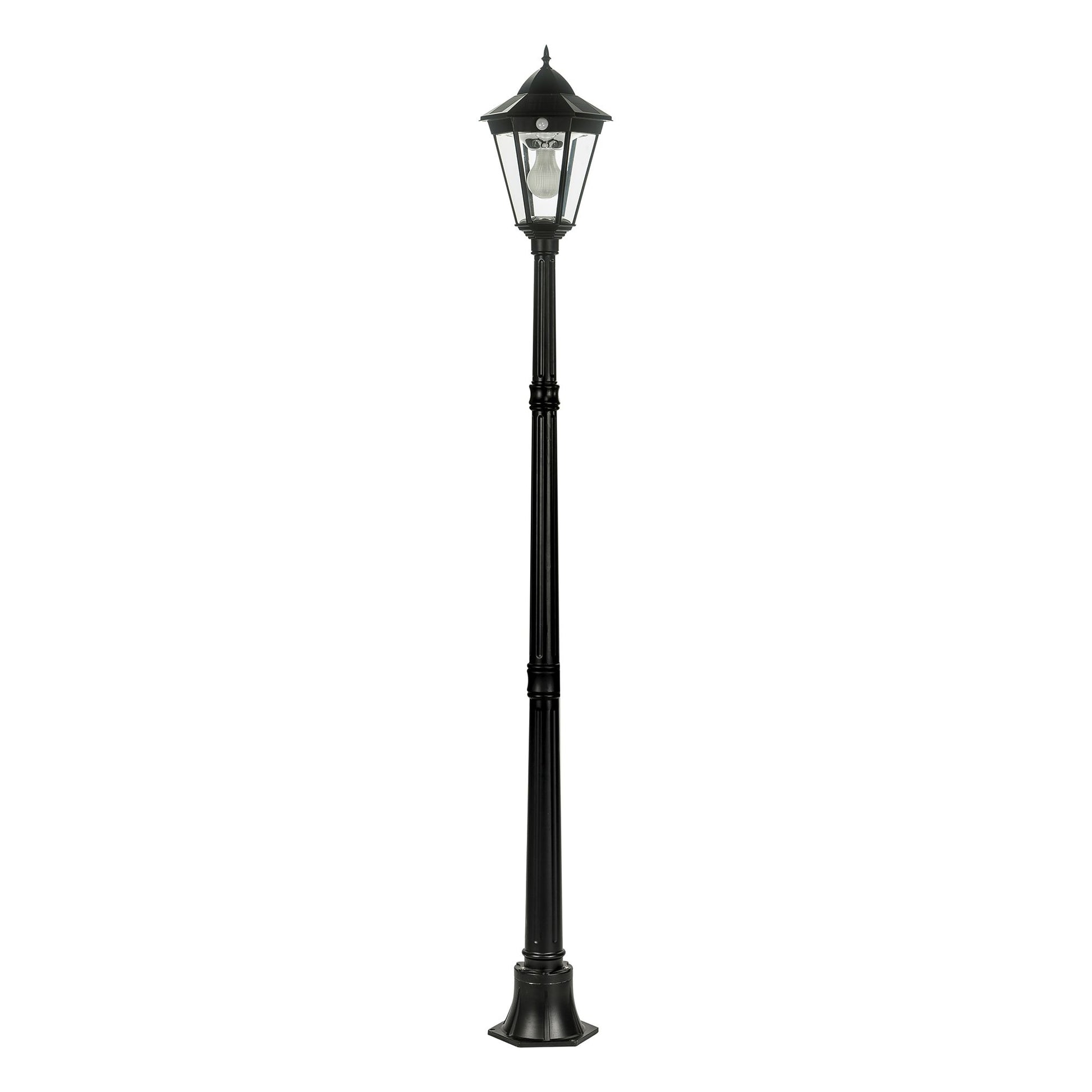 A traditional solar post light made of die cast aluminium powder coated black,with a built-in solar panel and a glass lampshade, designed for outdoor installation