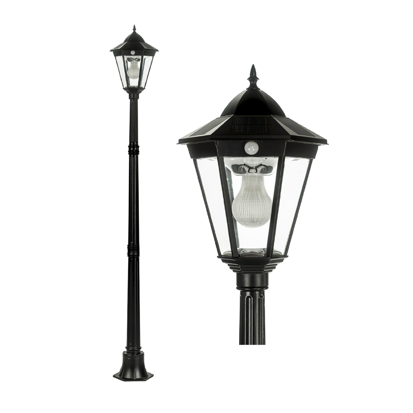 A traditional solar post light made of die cast aluminium powder coated black,with a built-in solar panel and a glass lampshade, designed for outdoor installation