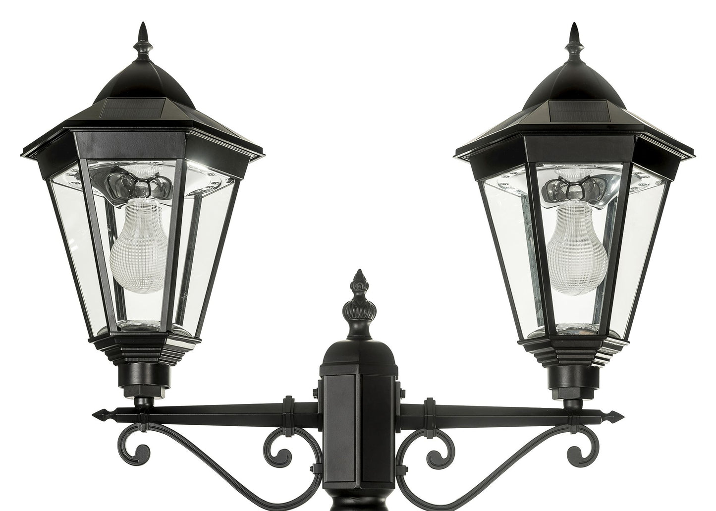 A traditional dual head solar post light made of die cast aluminium powder coated black,with a built-in solar panel and a glass lampshade, designed for outdoor installation