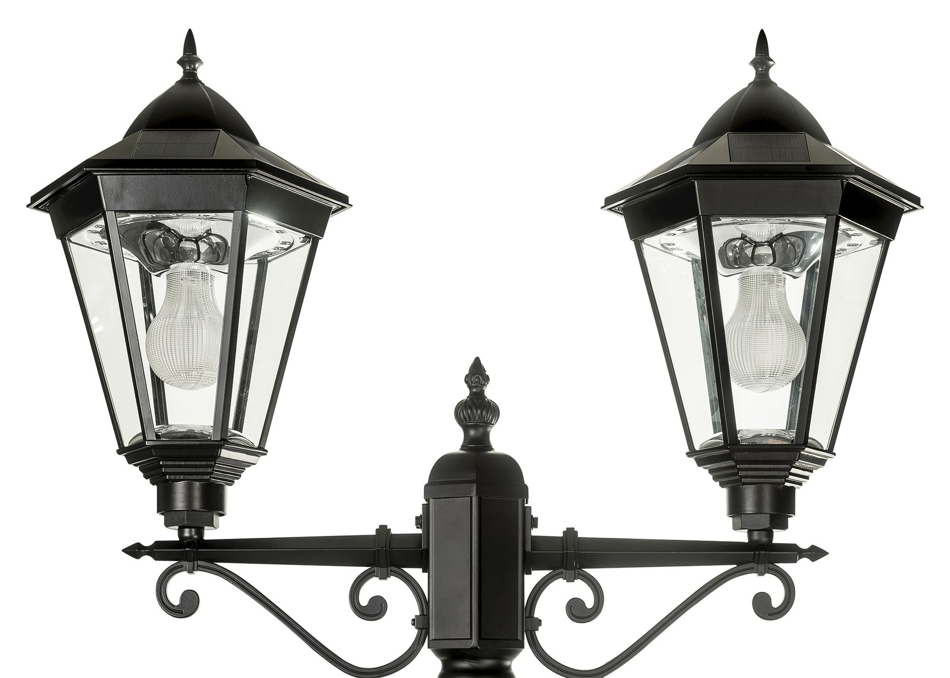 A traditional dual head solar post light made of die cast aluminium powder coated black,with a built-in solar panel and a glass lampshade, designed for outdoor installation