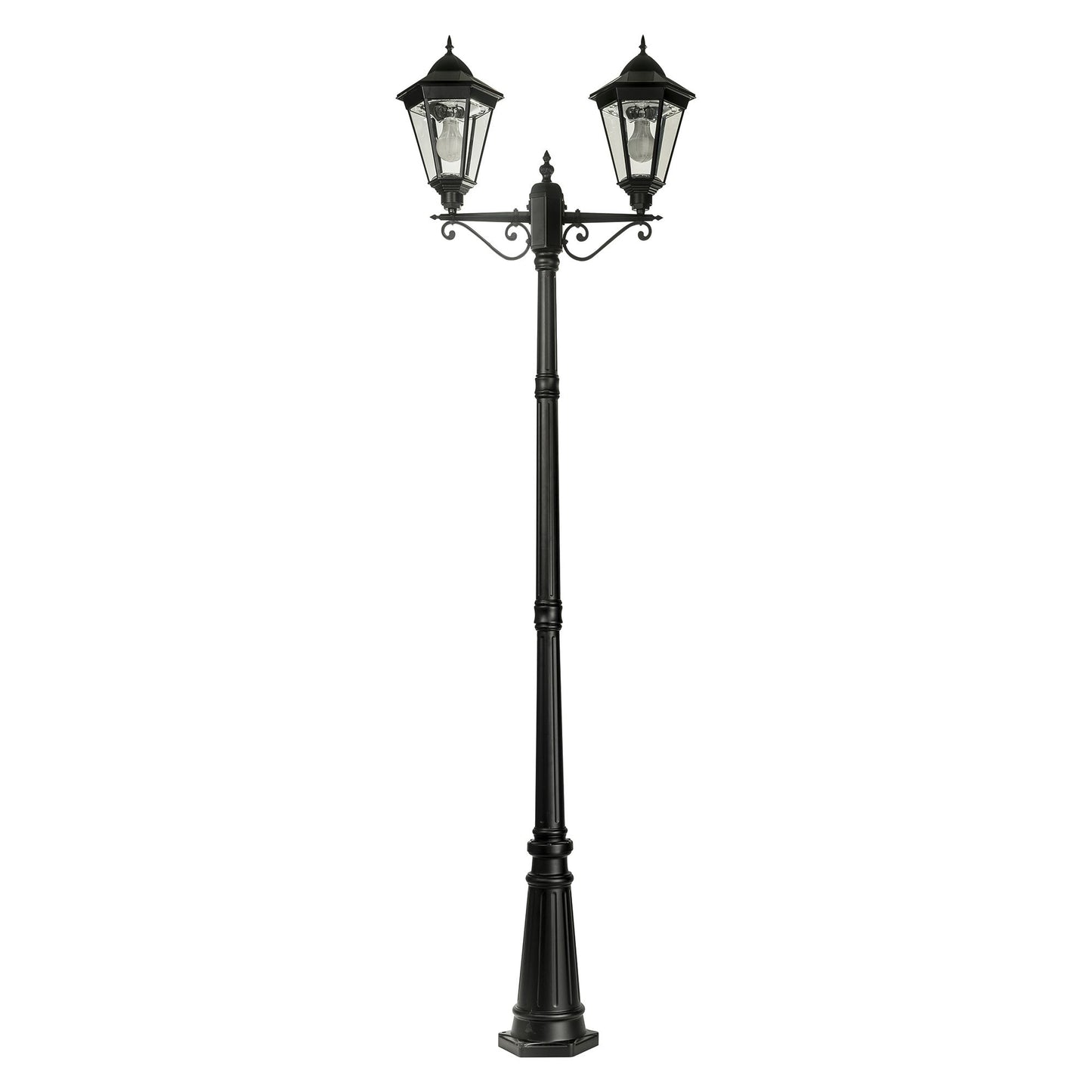 A traditional dual head solar post light made of die cast aluminium powder coated black,with a built-in solar panel and a glass lampshade, designed for outdoor installation