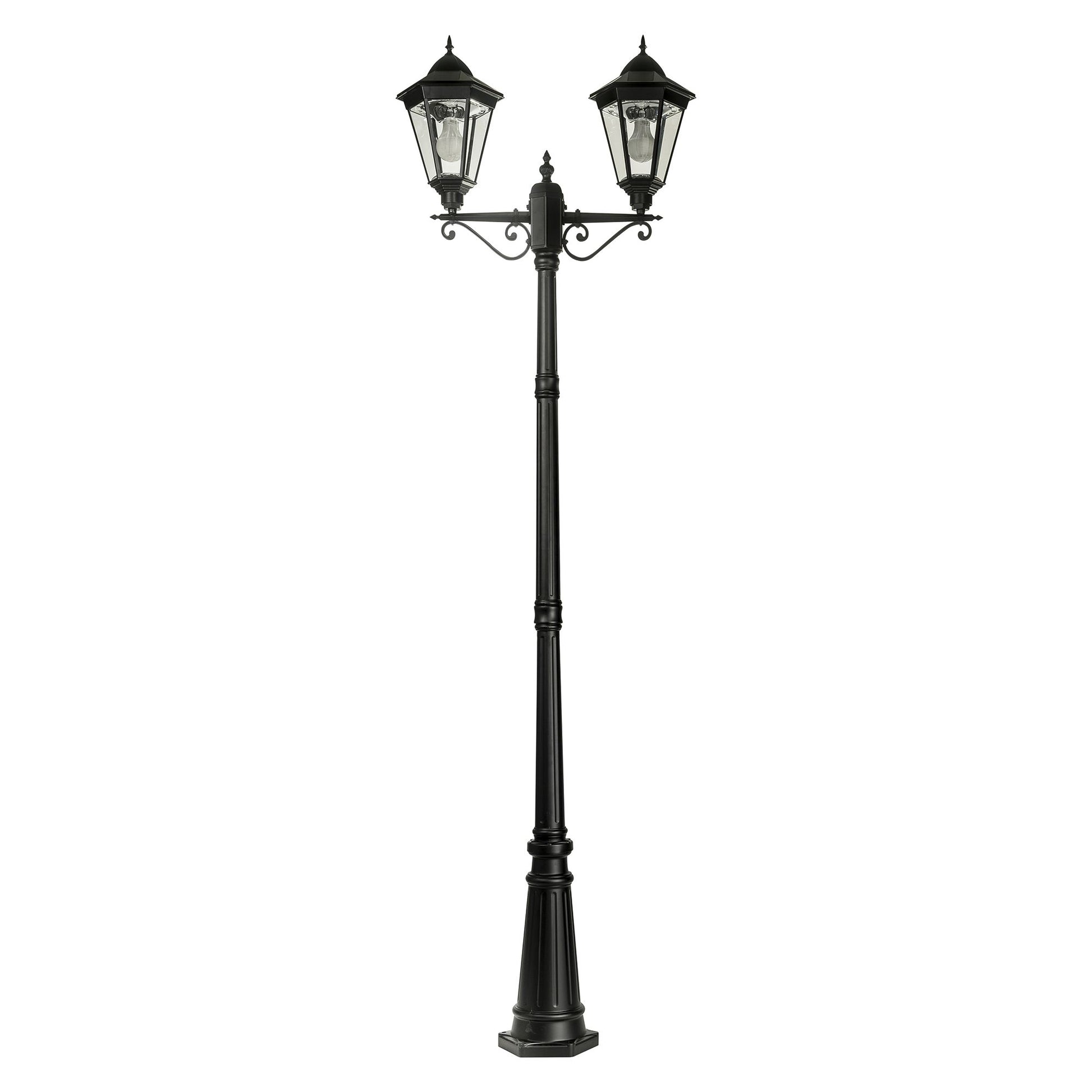 A traditional dual head solar post light made of die cast aluminium powder coated black,with a built-in solar panel and a glass lampshade, designed for outdoor installation