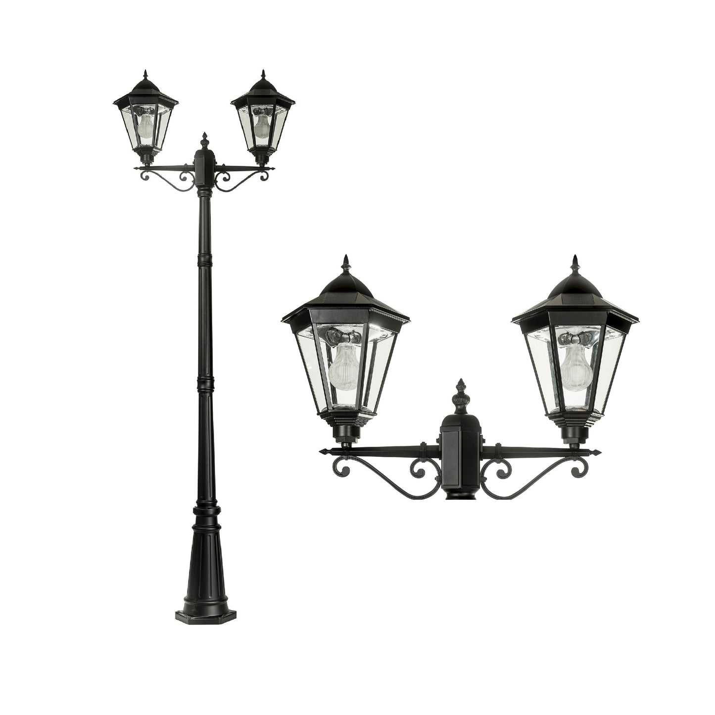 A traditional dual head solar post light made of die cast aluminium powder coated black,with a built-in solar panel and a glass lampshade, designed for outdoor installation