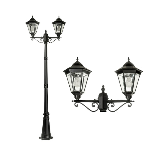 A traditional dual head solar post light made of die cast aluminium powder coated black,with a built-in solar panel and a glass lampshade, designed for outdoor installation