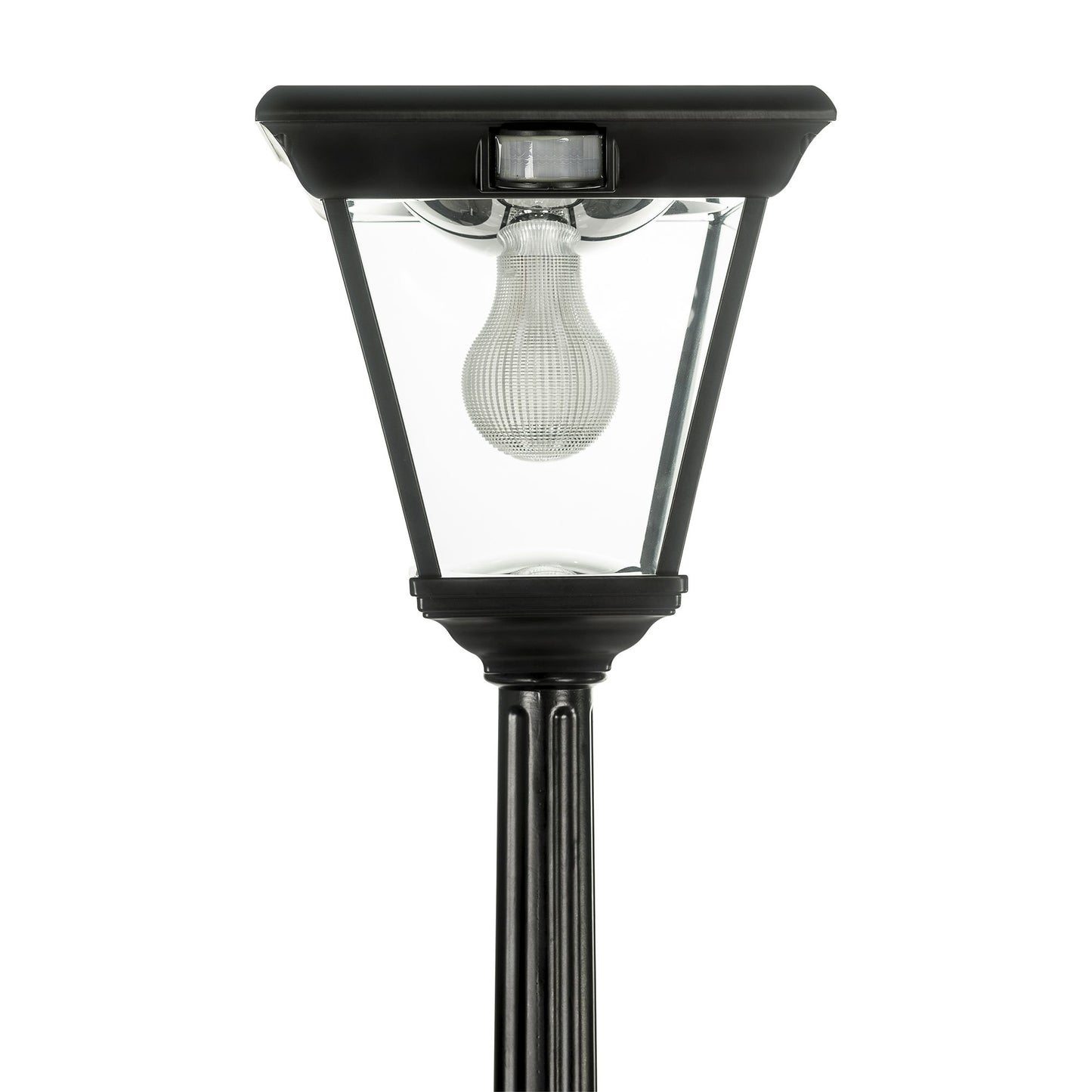 A traditional solar post light made of die cast aluminium powder coated black,with a built-in solar panel and a glass lampshade, designed for outdoor installation