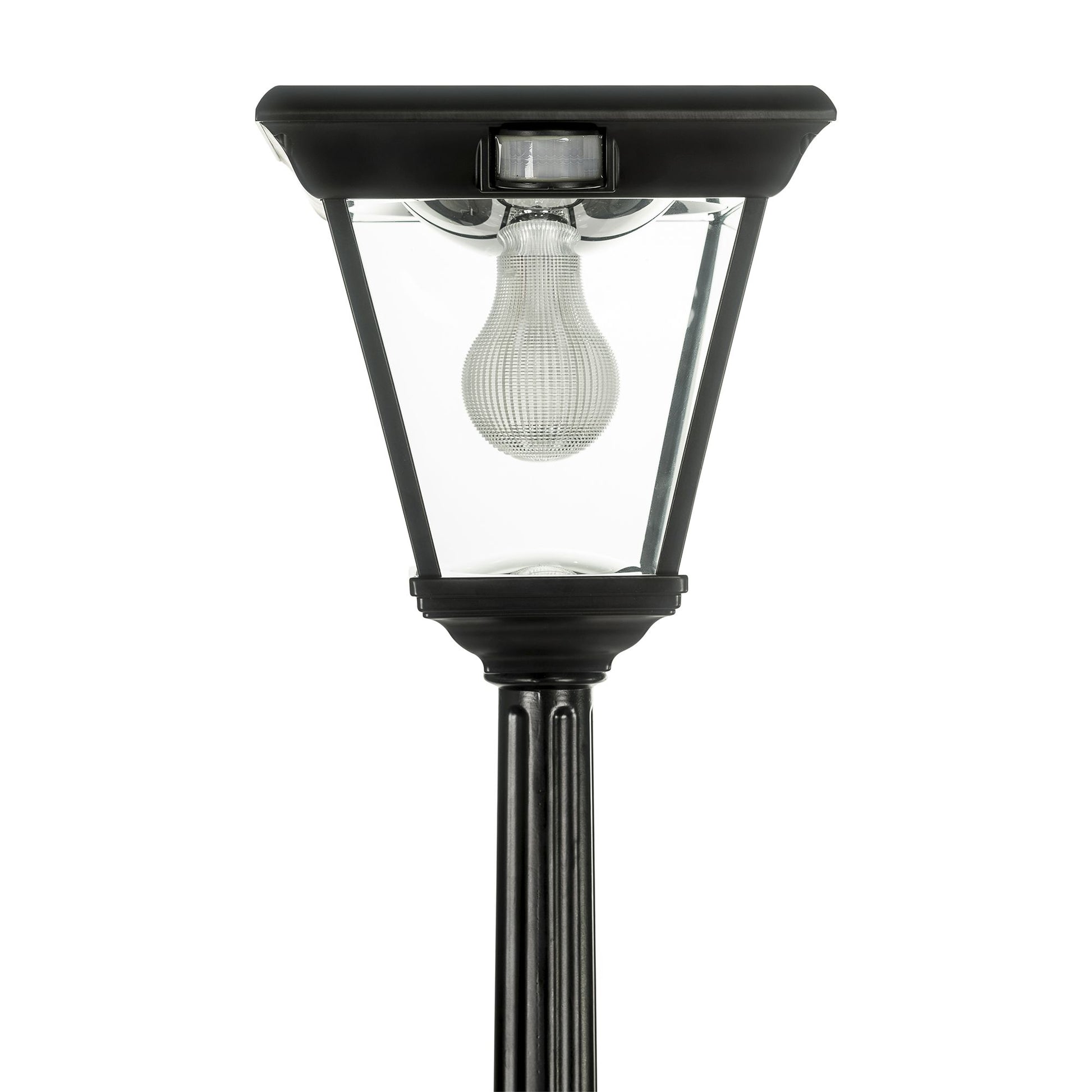 A traditional solar post light made of die cast aluminium powder coated black,with a built-in solar panel and a glass lampshade, designed for outdoor installation