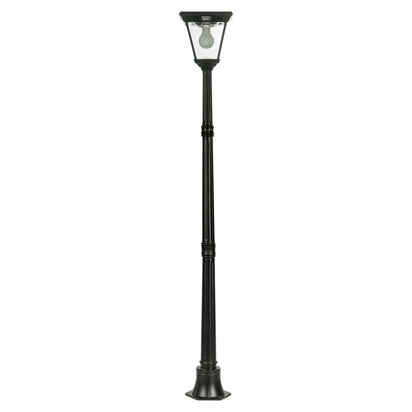 A traditional solar post light made of die cast aluminium powder coated black,with a built-in solar panel and a glass lampshade, designed for outdoor installation