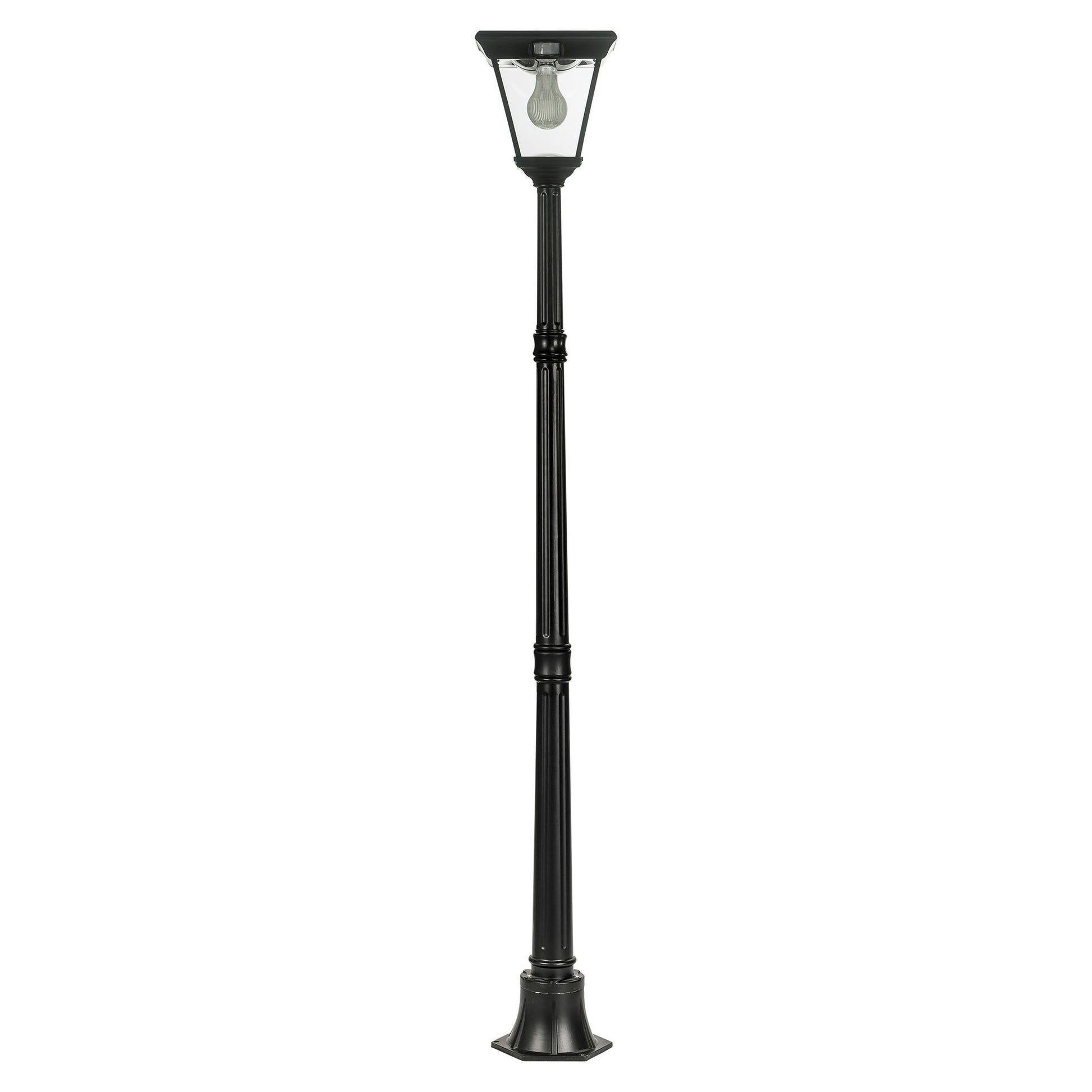 A traditional solar post light made of die cast aluminium powder coated black,with a built-in solar panel and a glass lampshade, designed for outdoor installation