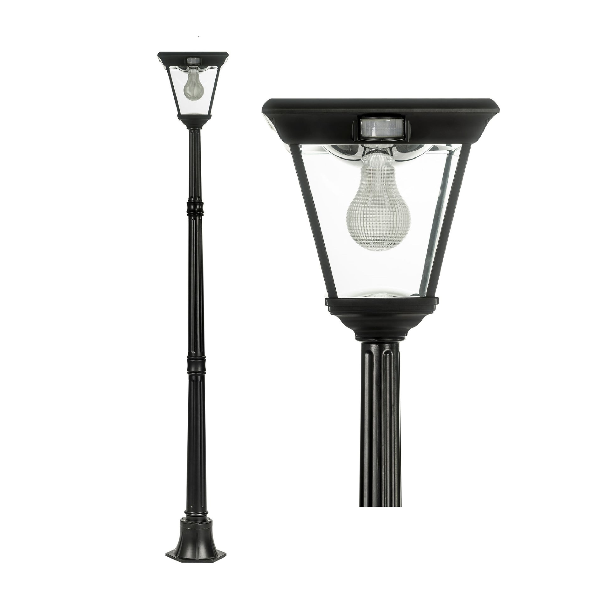 A traditional solar post light made of die cast aluminium powder coated black,with a built-in solar panel and a glass lampshade, designed for outdoor installation
