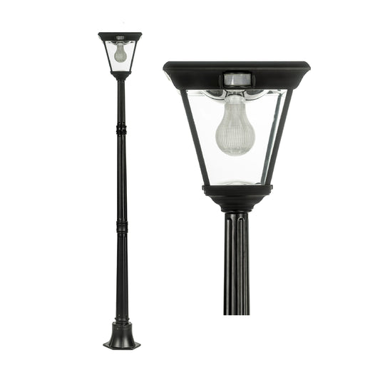 A traditional solar post light made of die cast aluminium powder coated black,with a built-in solar panel and a glass lampshade, designed for outdoor installation