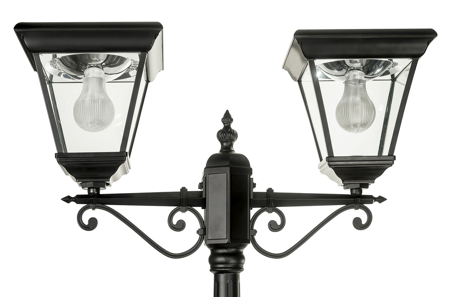 A traditional dual head solar post light made of die cast aluminium powder coated black,with a built-in solar panel and a glass lampshade, designed for outdoor installation