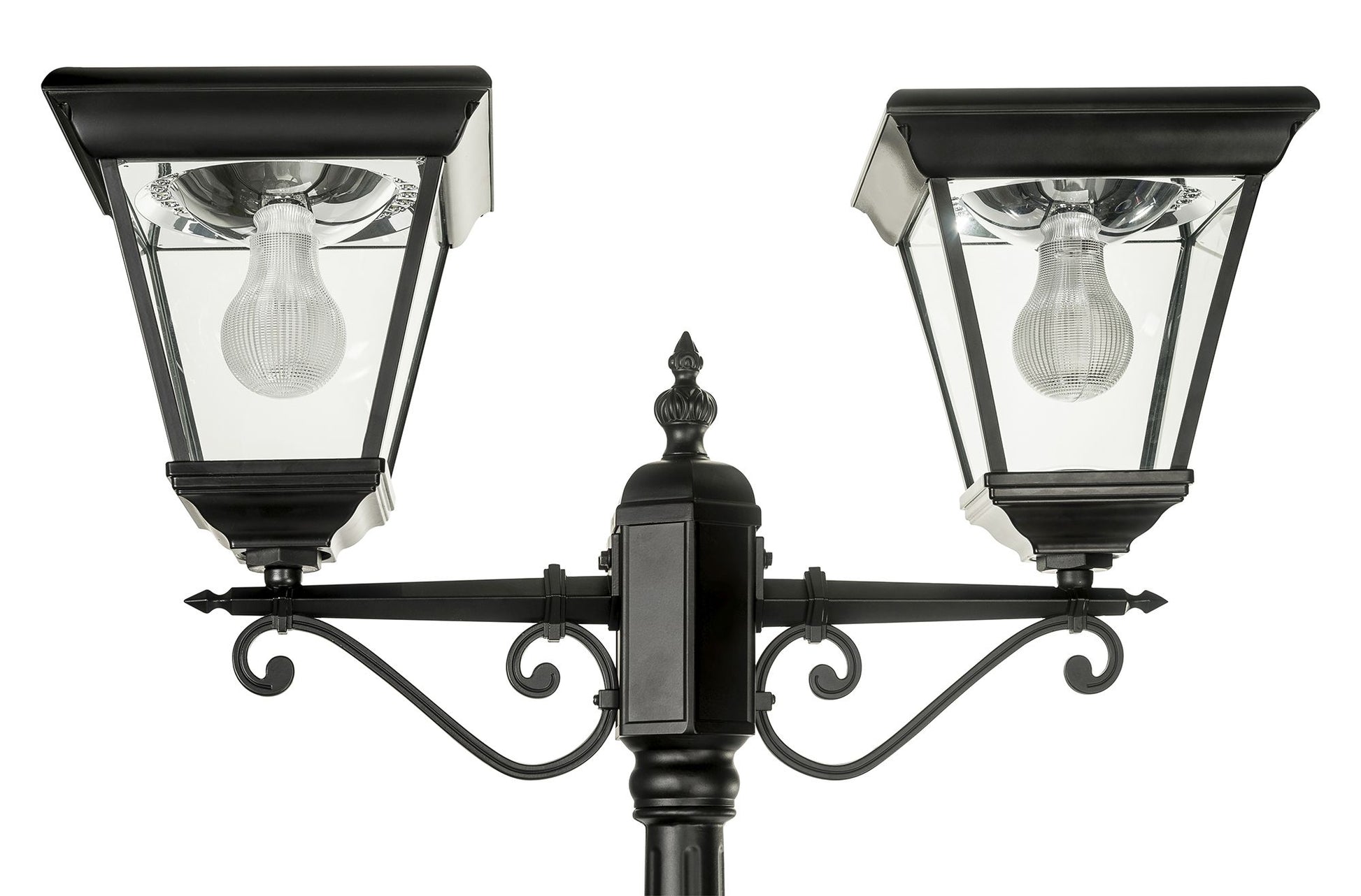 A traditional dual head solar post light made of die cast aluminium powder coated black,with a built-in solar panel and a glass lampshade, designed for outdoor installation