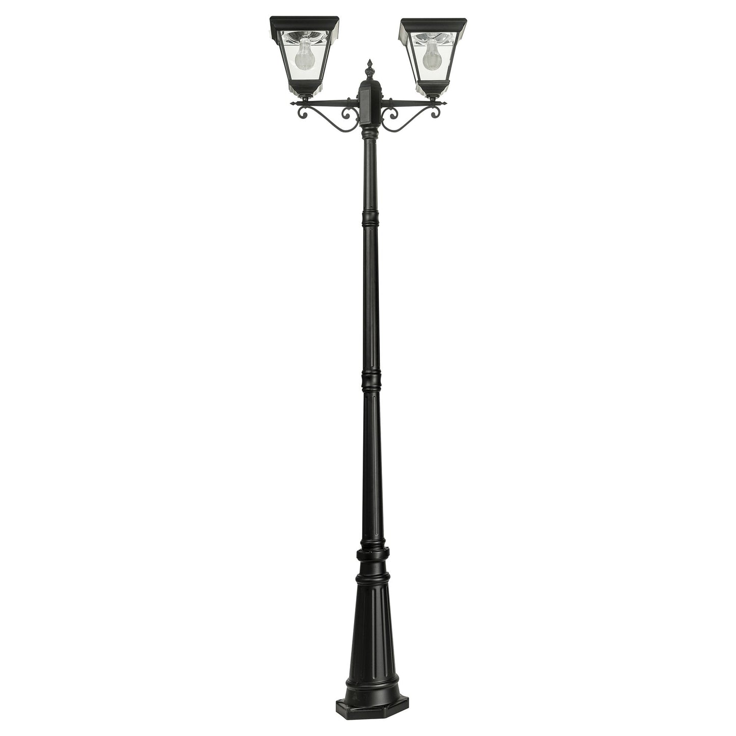 A traditional dual head solar post light made of die cast aluminium powder coated black,with a built-in solar panel and a glass lampshade, designed for outdoor installation