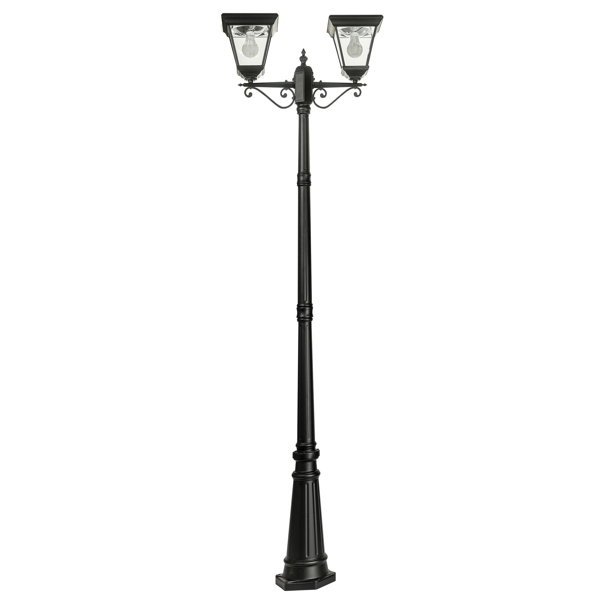 A traditional dual head solar post light made of die cast aluminium powder coated black,with a built-in solar panel and a glass lampshade, designed for outdoor installation