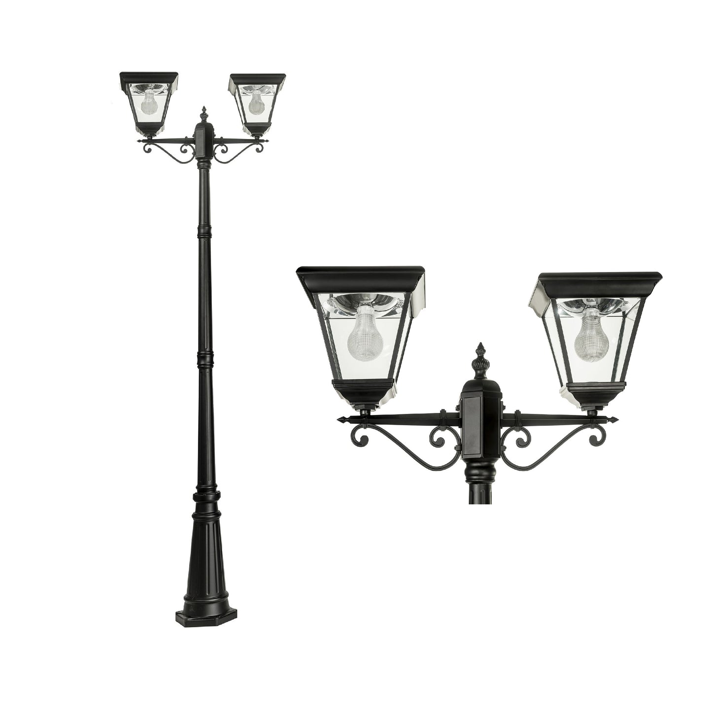 A traditional dual head solar post light made of die cast aluminium powder coated black,with a built-in solar panel and a glass lampshade, designed for outdoor installation