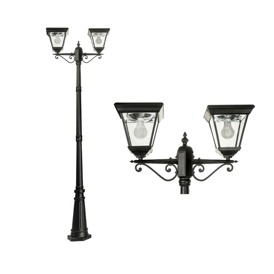 A traditional dual head solar post light made of die cast aluminium powder coated black,with a built-in solar panel and a glass lampshade, designed for outdoor installation