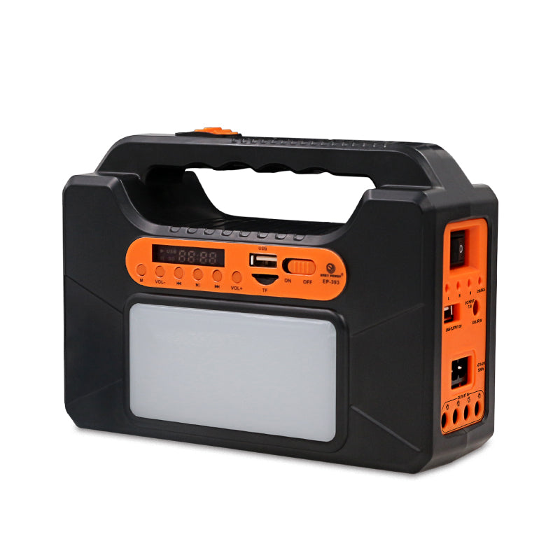 10W portable solar light with USB outlet for charging devices, built-in torch, radio, and Bluetooth.