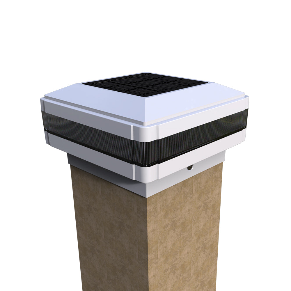 A modern solar post topper light with a white finish and LED lights, designed to fit over a wooden post.