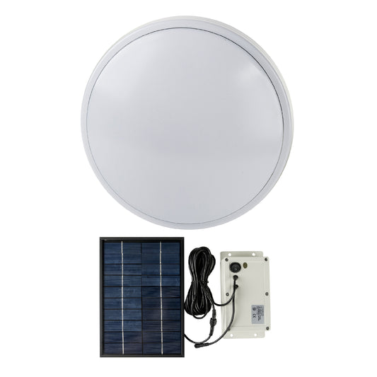 A 6w indoor skylight with microwave sensor, including a light, battery box, and solar panel