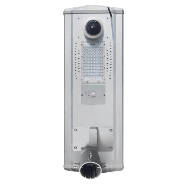 30W all-in-one solar street light with an integrated security camera, PIR sensor, and built-in solar panel.