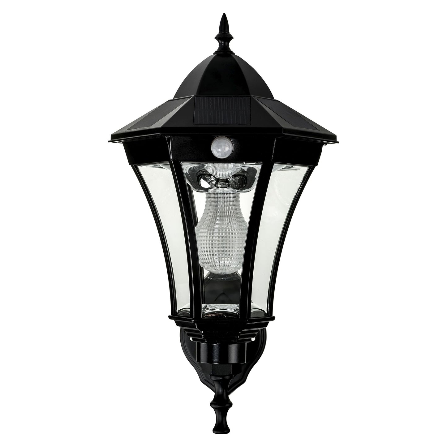 A traditional black solar wall light made of die-cast aluminium and 6 curved glass panels