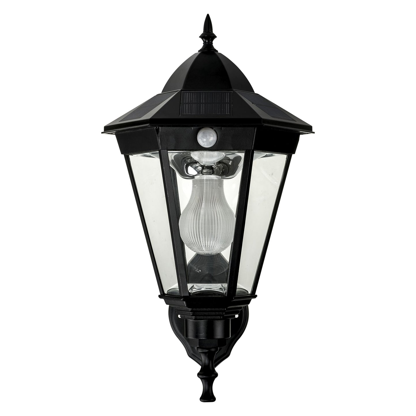 A traditional black solar wall light made of die-cast aluminium and 6 straight glass panels
