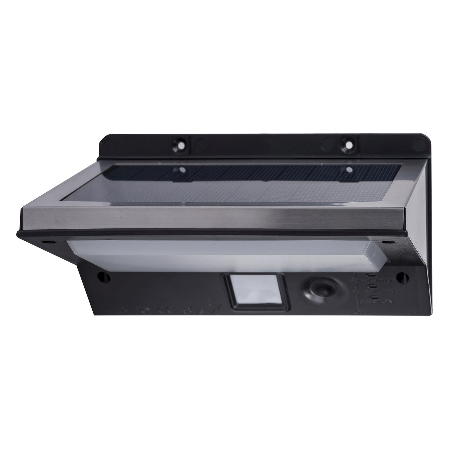 A sleek stainless steel LED solar wall light with a PIR sensor, powder coated black