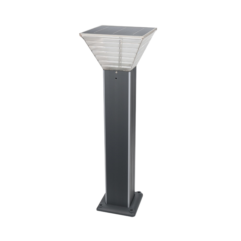 An industrial bollard in grey with a solar panel on top and a polycarbonate lens, featuring a surface mounted base and an optional LED strip for decorative appeal.