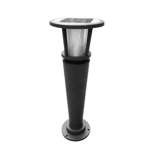 Black industrial bollard light with LEDs and a solar panel, featuring a powder-coated finish and a polycarbonate lens.
