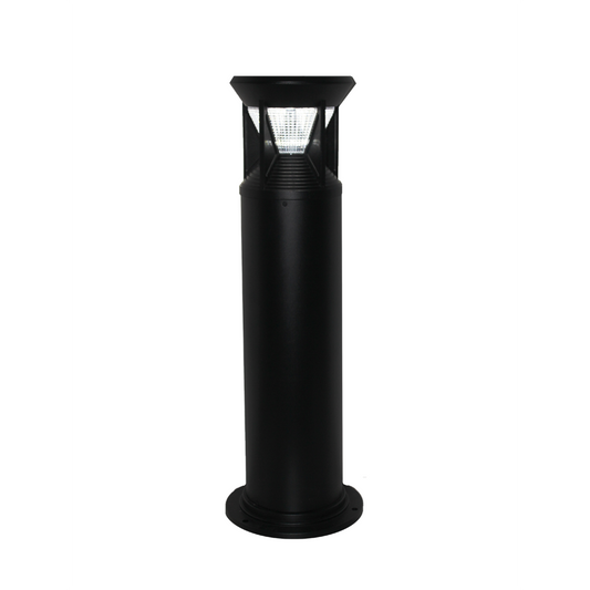 Black industrial bollard light with LEDs and a solar panel, featuring a powder-coated finish and a polycarbonate lens.