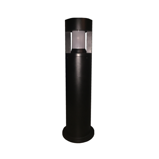 Black industrial bollard light with LEDs and a solar panel, featuring a powder-coated finish and a polycarbonate lens.