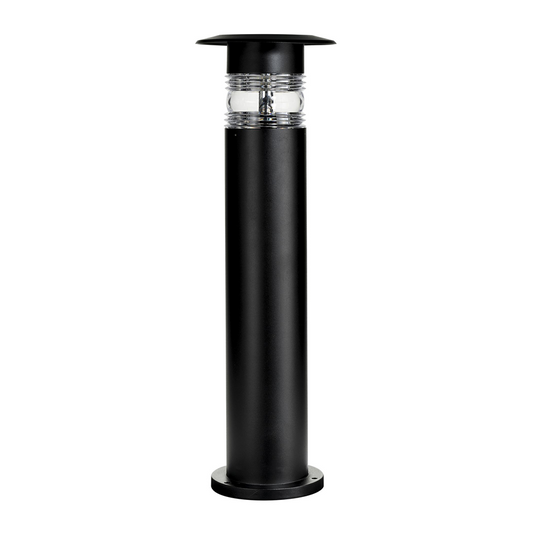Black commercial bollard light with LEDs and a solar panel, featuring a powder-coated finish