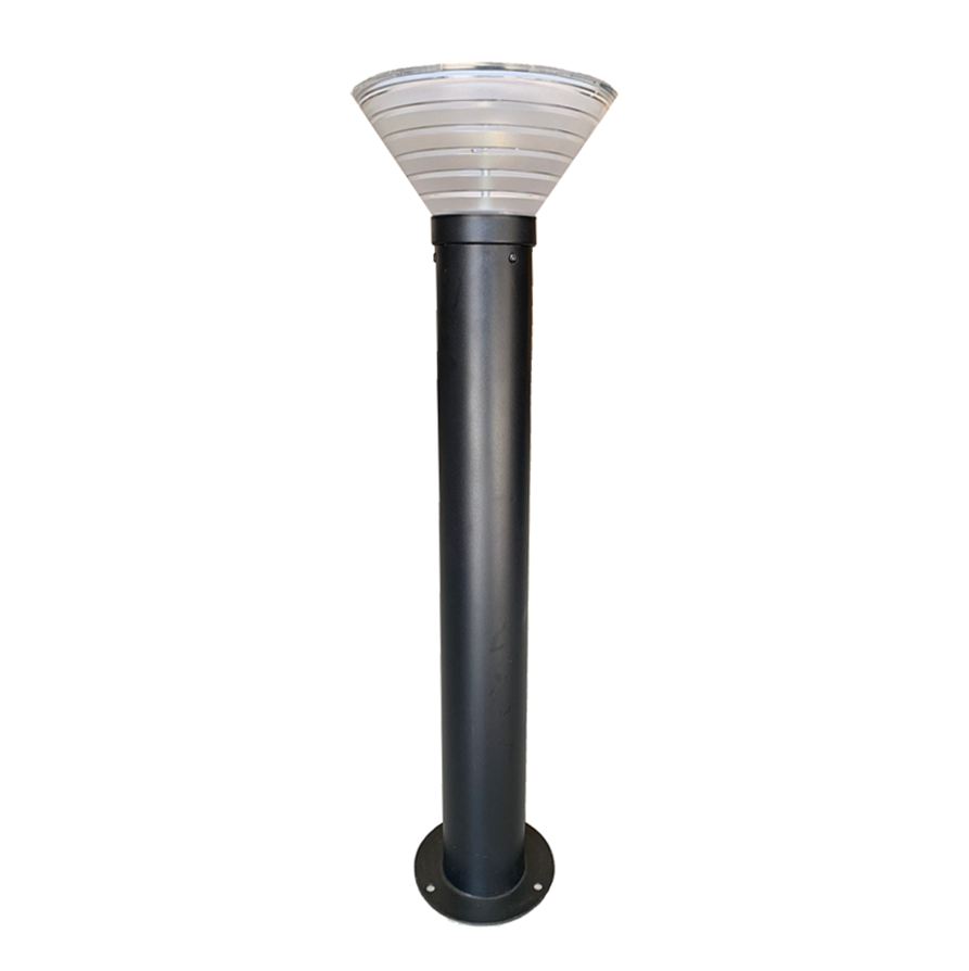 Black commercial bollard light with LEDs and a solar panel, featuring a powder-coated finish