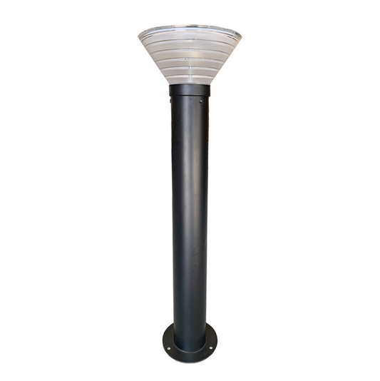 Black commercial bollard light with LEDs and a solar panel, featuring a powder-coated finish