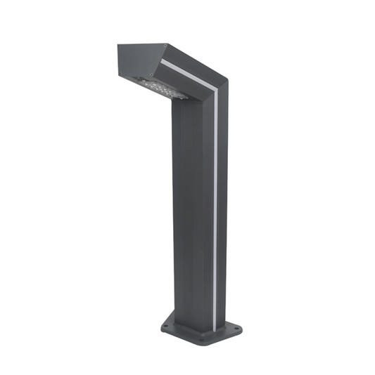 An industrial bollard in grey with a solar panel on top and a polycarbonate lens, featuring a surface mounted base and an optional LED strip for decorative appeal.