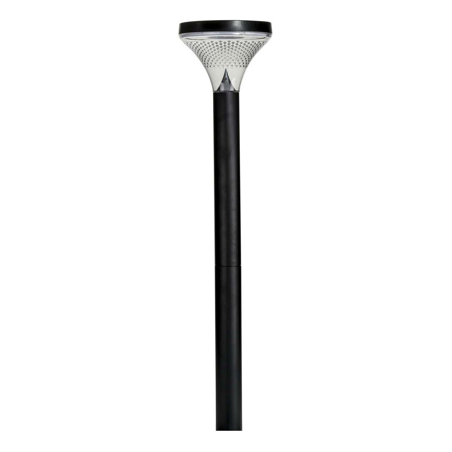 A black polycarbonate bollard light with a solar panel on top, designed for outdoor installation.