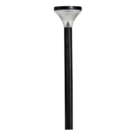 A black polycarbonate bollard light with a solar panel on top, designed for outdoor installation.