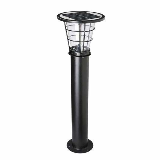 Black commercial solar bollard light with LEDs and a solar panel, with a black powder-coated finish