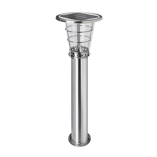Stainless steel commercial solar bollard light with LEDs and a solar panel