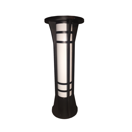Black industrial bollard light with LEDs and a solar panel, featuring a powder-coated finish and a polycarbonate lens.