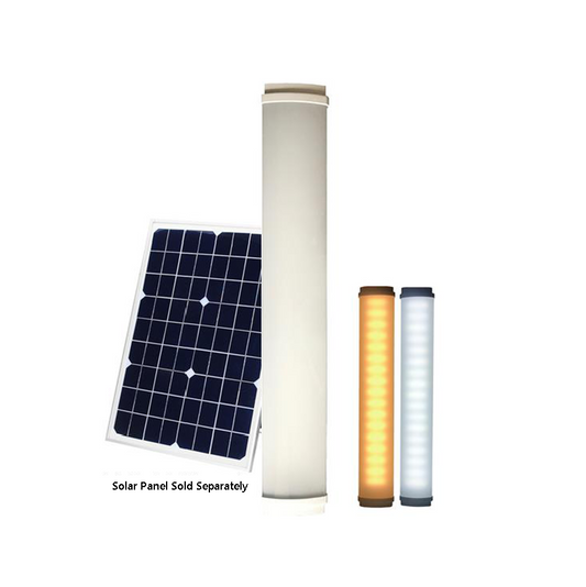 24W Solar batten lights with dual colour LEDs, solar panel, and remote control.