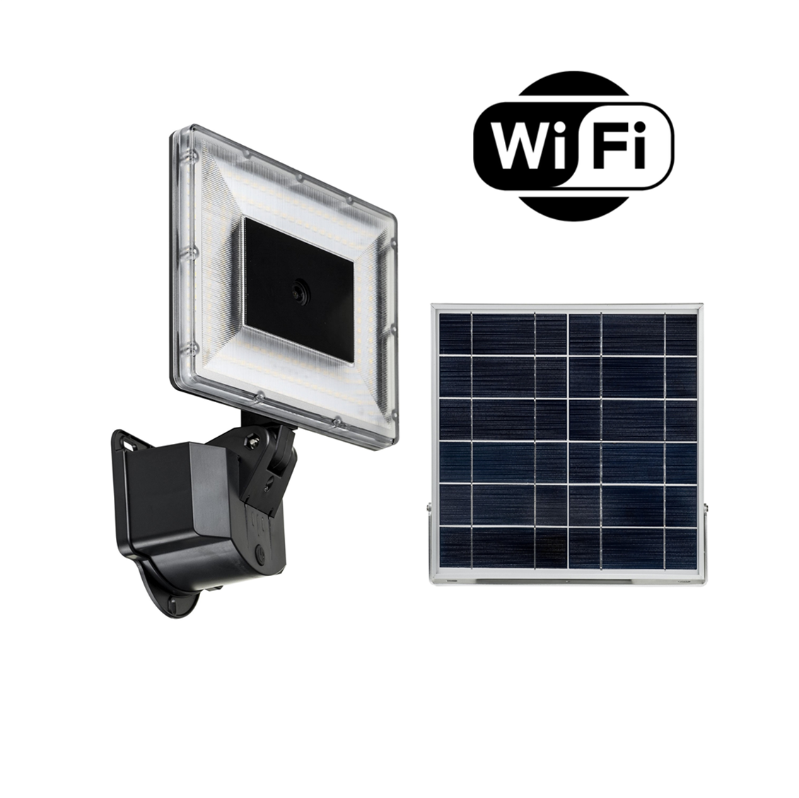 Black solar flood light with an integrated security camera and WiFi connectivity