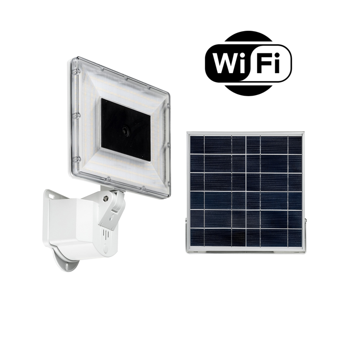 White solar flood light with an integrated security camera and WiFi connectivity
