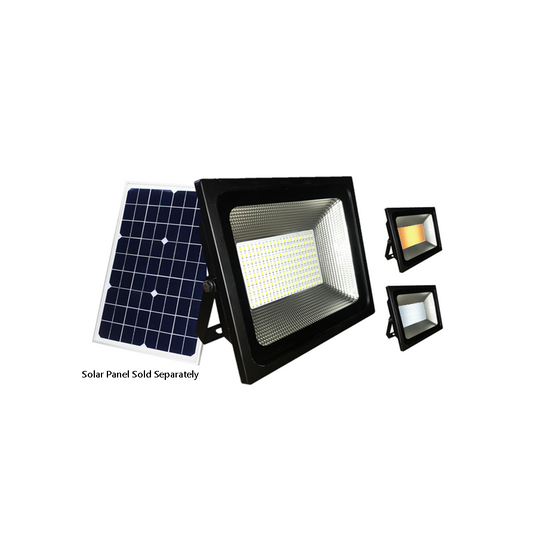 30W Dual colour solar LED flood light made of die-cast aluminium powder coated black. Solar panel sold separately.